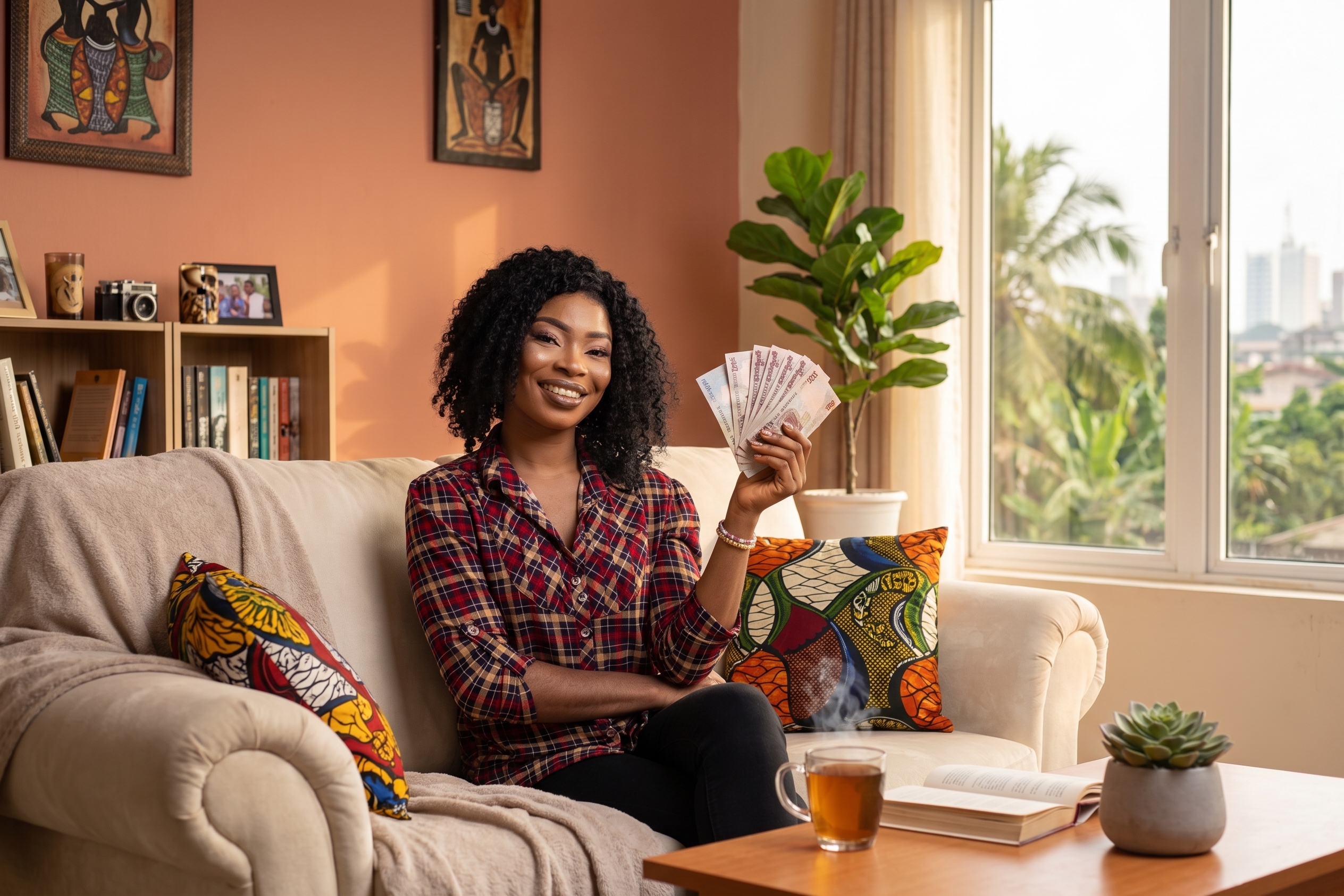 Woman sitting on sofa using a smartphone